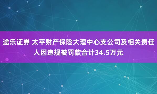 途乐证券 太平财产保险大理中心支公司及相关责任人因违规被罚款合计34.5万元